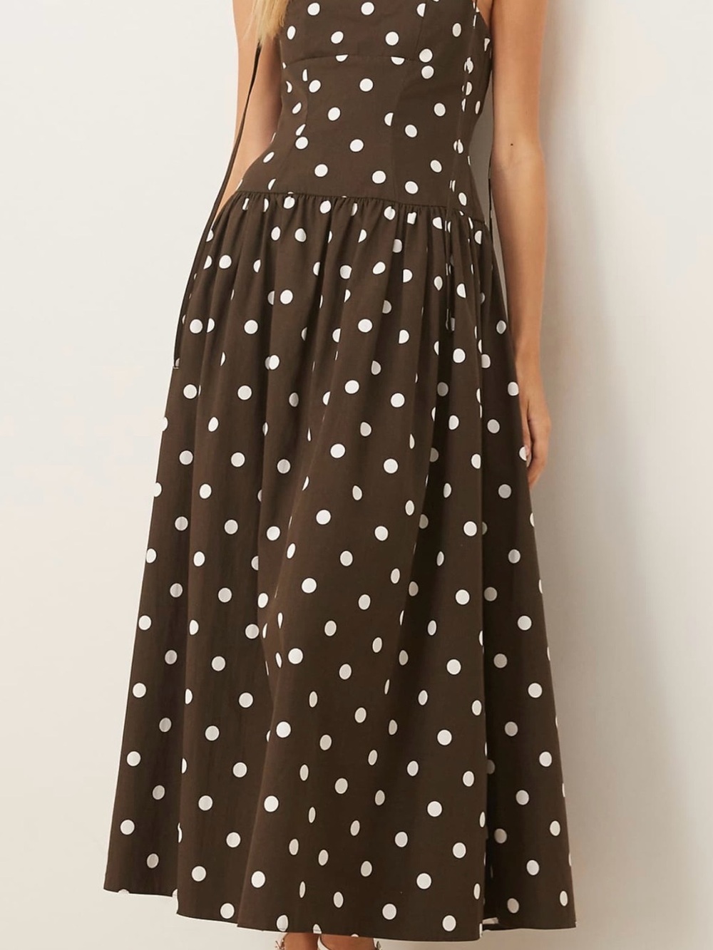 Women's Brown Polka Dot Midi Dress - White Spots
